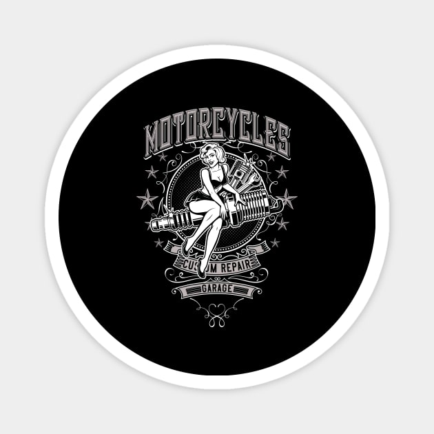 Pin-Up Motorcycle Garage Workshop Magnet by Foxxy Merch